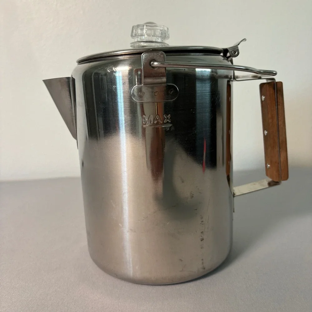 Vintage Stainless Steel Stovetop Coffee Percolator Wood Handle and Glass Knob